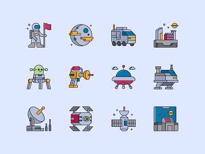 Space Icon Set alien astronaut colony transport control room distant colony laser gun orbital station planet robot satellite space ufo