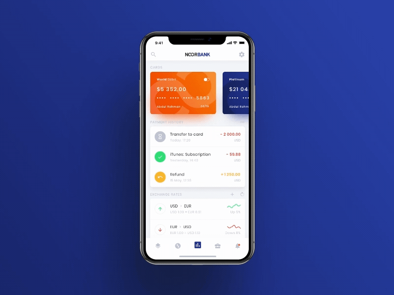 Noorbank Concept Animation analytics chart currency dashboard ios iphone iphone x stats ui ux