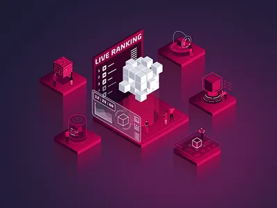 buglab landing page illustration blockchain cube cybersecurity dark gradient illustration isometric landing penetration people red testing
