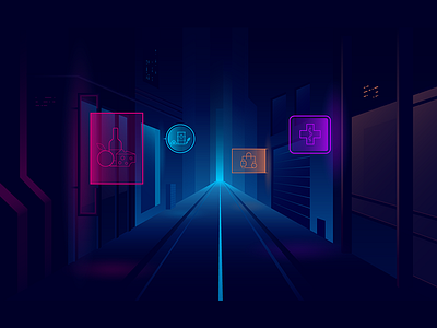 Ambrosus landing illustration 2 dark food futuristic gradient neon pharmacology road sign street