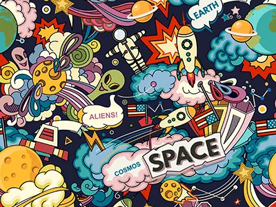 Cosmos cartoon illustration. aliens background cartoon cosmos endless illustration mystery planet seamless pattern space star