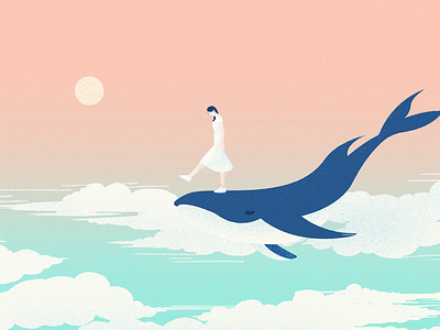 A magical dream blue girl lllustrations sky whale