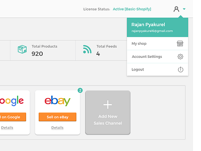 Dropdown UI add new sales channels dropdown ebay google license status menu merchant product feeds shopify uiux user website