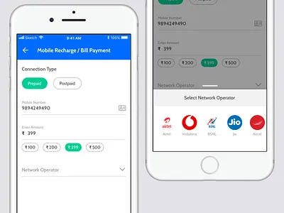 Mobile Recharge / Bill payment screen accounts banking cards financial mobile app ui user experience user interface ux