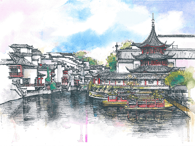 Qinhuai River Nanjing 南京秦淮河 drawing pen watercolour