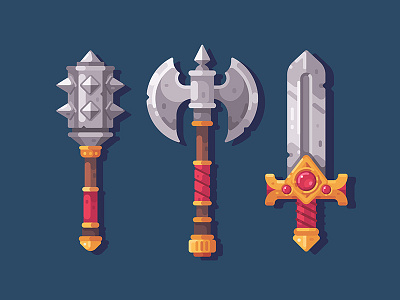 Fantasy weapon axe battle design fantasy flat game illustration item mace rpg sword vector