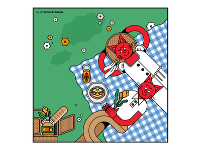 Crimson Cat's Picnic 2d animal art cat character color design drawing flower food illustration vector