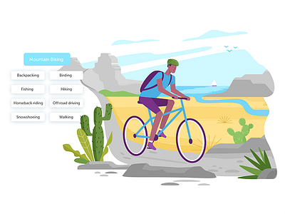 All Trails 2d app bike character explainer flat illustration nature sport travelling