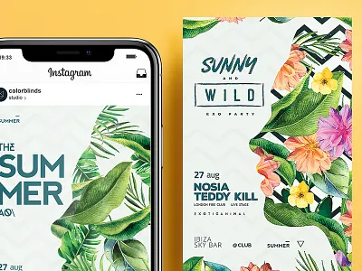 Summer Face Flyer bar dj exotic flyer garden jungle leaves party poster summer travel tropical