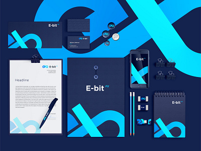 E-BitFX. Brandbook design. blank blue brandbook card infinity logo logotype notebook pen pencil