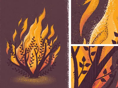Burning Bush branch bush fire flames illustration leaves texture tree true grit