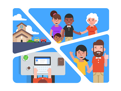 Mural bell car church coffee computer family man woman