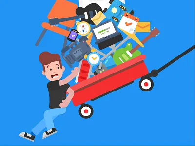 Going Up Hill calendar chair clock drum envelope guitar guy illustration phone push wagon