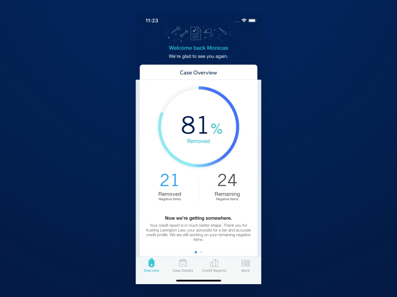 Lexington Law Overview animation dashboard graph ios mobile