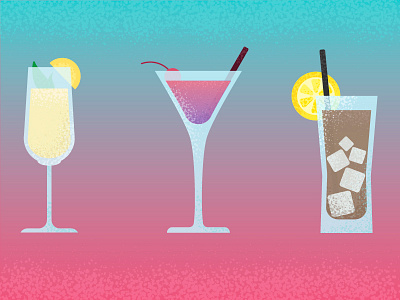 Three kinds of alcoholic drinks. alcohol berry binge champagne cocktail drink glass ice lemon mint pink yellow