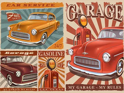 Vintage car posters car car wash gas pump gasoline grunge harry kasyanov poster repair retro metal sign vector illustrations vintage