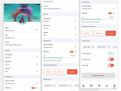 Profile Settings concept edit ios native. viewing preferences product travel ui ux