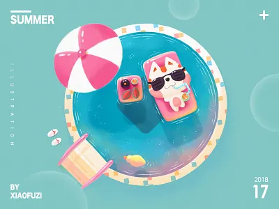 Summer day art festival green illustrator pool refreshing season swimming water 夏天 插画 泳池