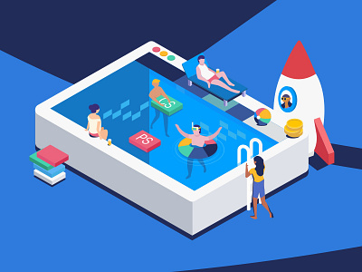 Summer Time app flat isometric people pool summer swim ui user interface ux