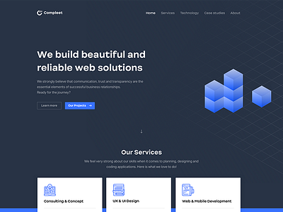 Compleet Web Agency blue cards dark icons isometric landing landingpage software web webdesign