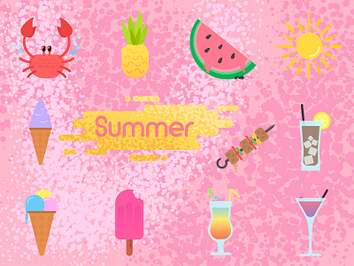 Summer icons. barbecue beverages crab hot ice cream icons meat pineapple pink recreation summer watermelon