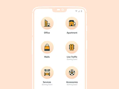 Services Screen for Parkwheels App bike car illustration maps parking ui yellow