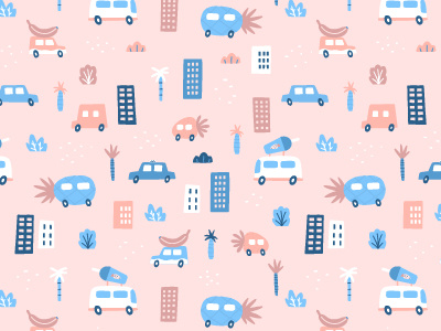 Fruity cars banana cars city fruits pattern pineapple road trip van vector