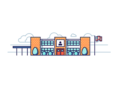 Welcome to High School brick building clouds door education flag high school illustration learning school window