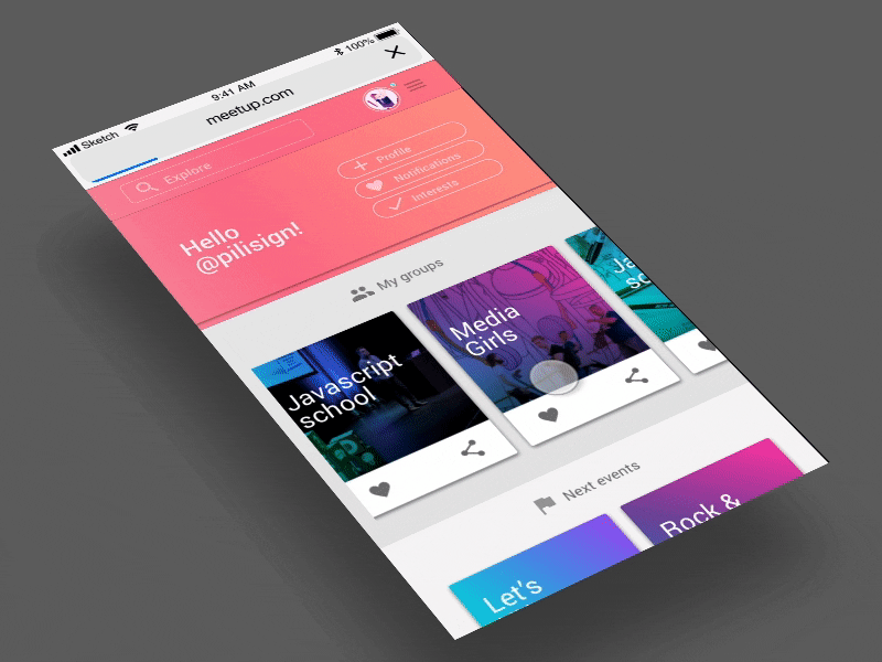 Meetup for Mobile Web flinto grabient gradient meetup mobile sketch ui ux