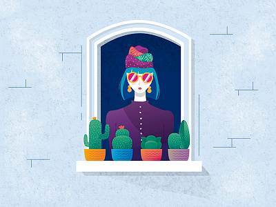 Cactus family balcony building cactus digital illustration girl gradients illustration plants textures vectors