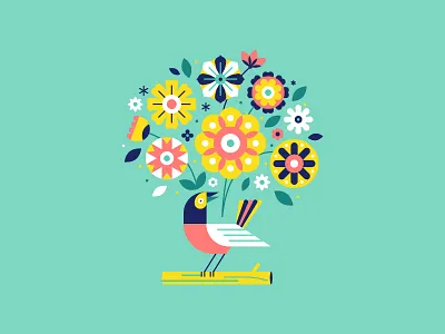 Summer bird card flat flower geometric leaf vector