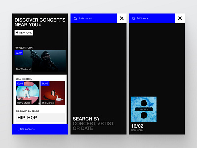 Concert Finder App – Home & Smart Search UX app app design app ui design design event event app interface minimal design mobile mobile app modern music app search search ui ui ux