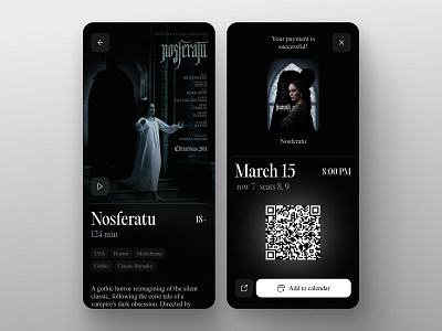 Movie Ticket Booking App – Film Page & QR Code app black booking cinema clean design dark design entertainment interface mobile app mobile app design mobile ui modern ui movie app streaming ticket booking ui ux