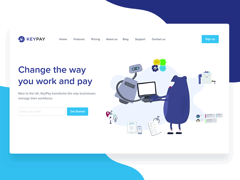 KeyPay Landing Page UK animation cartoon css frog illustration keypay landing robot testimonials uk