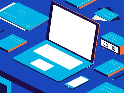 Desk blue desk laptop office papers pen phone