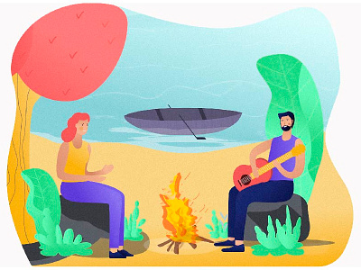 romantic eveving bonfire boy characters evening girl guitar lovers