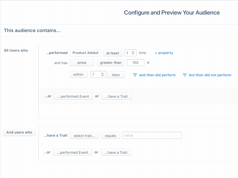 Funnel Audiences audience boolean builder design funnel gif help text hover logic query usability ux