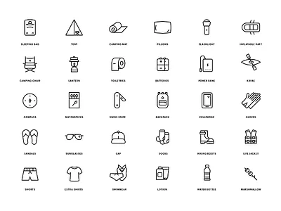 Camping Icons 2d camping clothes compass flat hike icons line outdoors tent