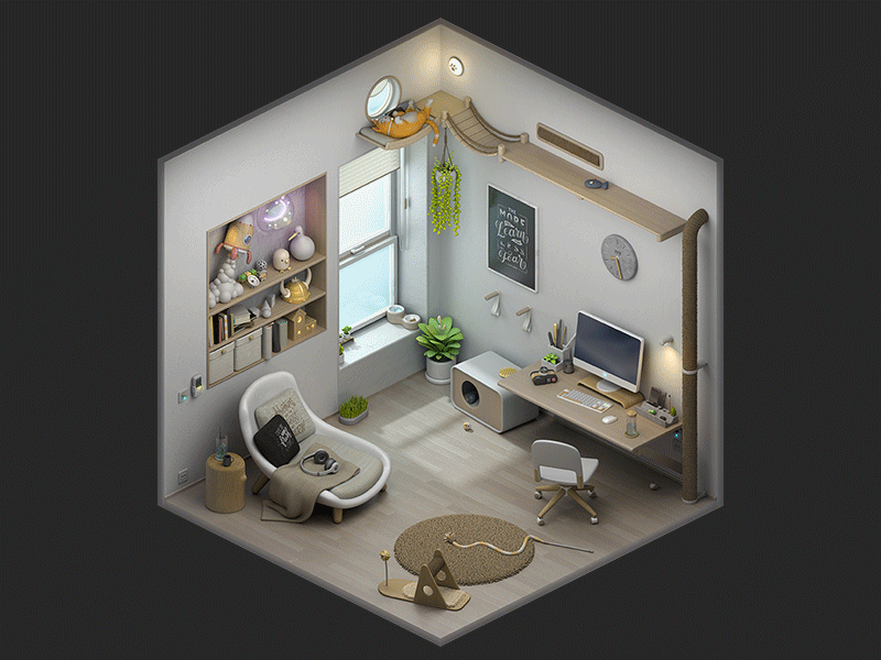 Bento's Home 3d 3danimation 3ddesign 3disometric bento cat cathome home isometric room