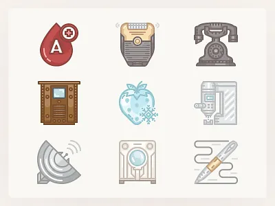 History Icons 1930s p2. ballpen blood type electric razor frozen food history icons iconset microscope radar telephone tv washing machine