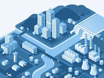 City plan airport blue buildings car dam factory illustration isometric plane skyskrapers tower water