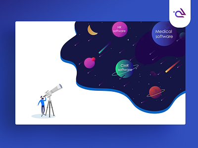 Illustration for Telescope - Software advisor platform cool flat gradient landing page illustration modern onboarding space telescope universe