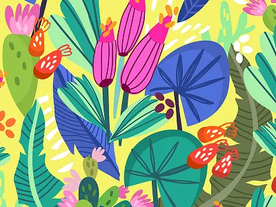 Tropical forest animals bright floral flowers fresh marushabelle pattern tropics