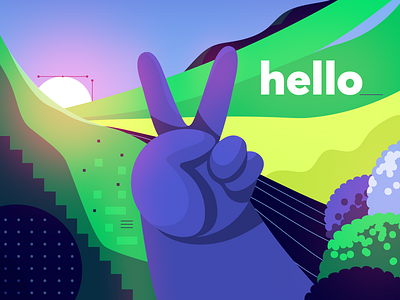 Hello Dribbble! contrast dribbble green hand hello illustration peace sunset vectors