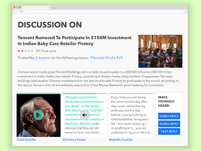 Engaging news discussion article audio audiofile comments feed news playback reply score text trust video