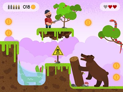 Game for the computer. 2d adventure bear crocodile game gun life man score snake vector woodcutter