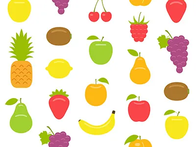 Fruits apple banana cherry garnet kiwi lemon peach pear pineapple raspberries strawberry watermelons