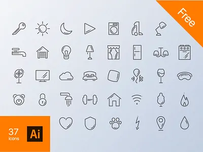 Home Routine Icon Set Free cloud drop dropbox fire free home icon icons illustrations key light moon pillow play sun tree tv vine wind window