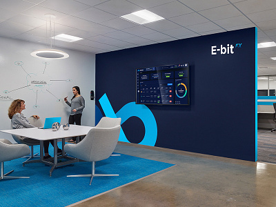 E-BitFX. Brandbook design. Office interior design blue brandbook business infinity interior logo logotype office table wall