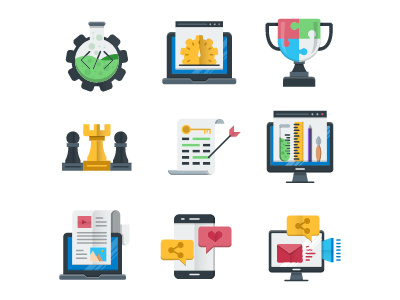 SEO Icons advertise blogging coding design flat keywords media optimization seo speed vectory web